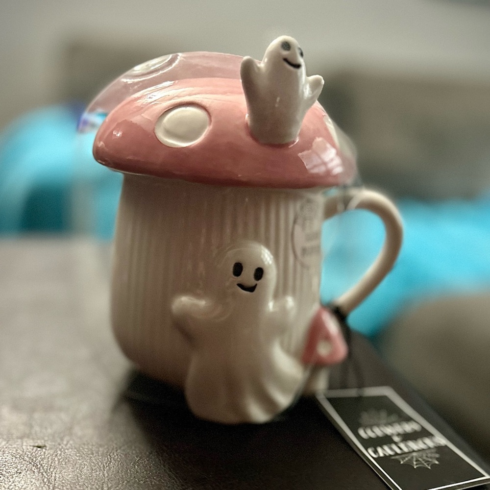 Cobwebs And Cauldrons Large Coffee Mushroom Ghost Mug Pink